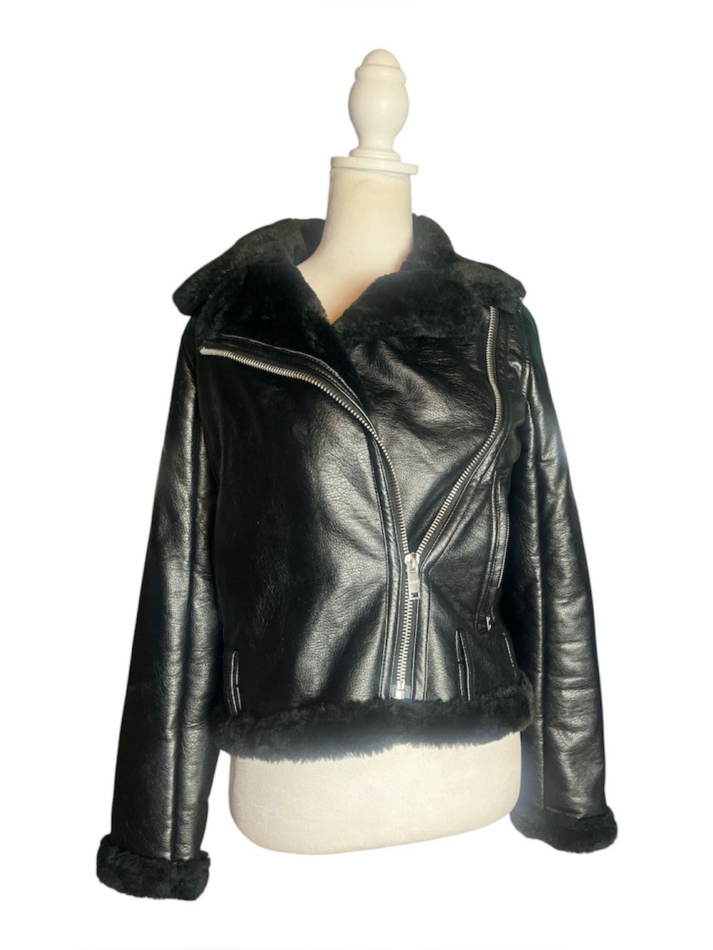 Abercrombie & Fitch black faux fur lined moto jacket size XXS